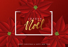 Merry Christmas, Background Decorated With Beautiful Red Buds Poinsettia Flowers. French Text Joyeux Noel