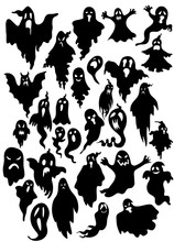 Silhouette Of Flying Evil Spirit In Vector Style Collection. Graphic Resource About Ghost And Fantasy.