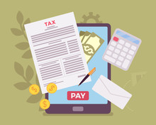 Online Tax Payment Via Tablet. Electronic Service For Taxpayers To Pay Individual Income And Business Taxes, Convenience E-Payment Facilitates, Mobile System. Vector Flat Style Cartoon Illustration