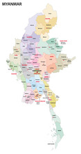 Myanmar Administrative Map With Regions And Districts