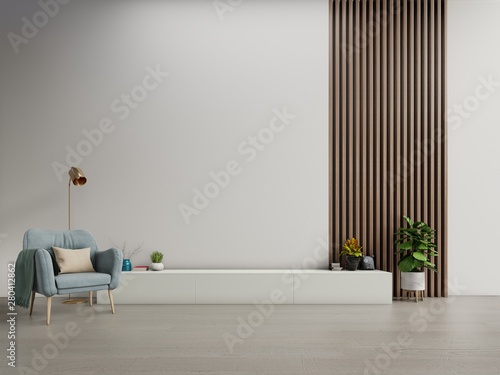 Cuadros en Lienzo cabinet TV in modern living room with armchair on white dark wall background,3d