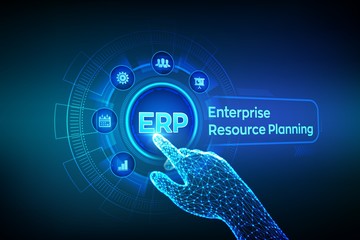 Wall Mural - ERP. Enterprise resource planning business and modern technology concept on virtual screen. Corporate Company Management Business. Robotic hand touching digital interface. Vector illustration.