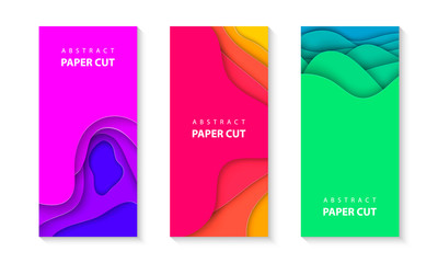 Wall Mural - Vector vertical flyers with vivid colors paper cut waves shapes. 3D abstract paper style, design layout for business presentations, flyers, posters, prints, decoration, cards, brochure cover, banners.