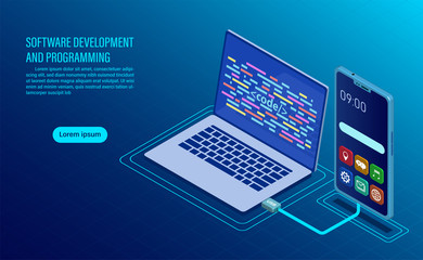 software development and coding. programming of concept. data processing. Computer code with window interface. flat isometric illustration
