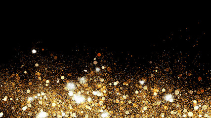 3d Illustration, Small gold dust, graphics of fire flakes, particle points and yellow-orange circles at below the frame