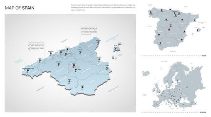 Vector set of Spain country.  Isometric 3d map, Spain map, Europe map - with region, state names and city names.