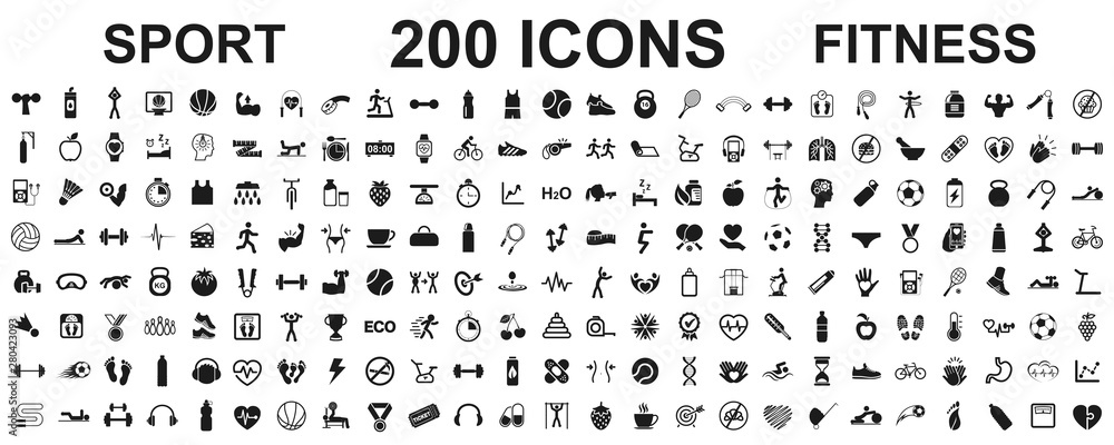 Set 200 isolated icons spotr - fitness. Fitness exercise, sport workout training illustration – stock vector - obrazy, fototapety, plakaty 