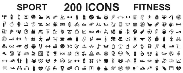 set 200 isolated icons spotr - fitness. fitness exercise, sport workout training illustration – stoc
