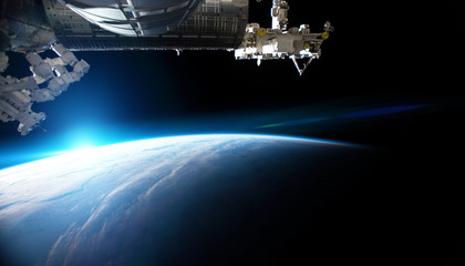 Wall Mural - view of planet earth from a space station window during a sunrise 3d rendering elements of this imag
