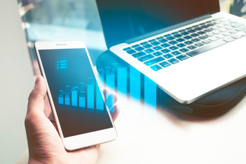 business trade graph, mobile hand and notebook computer with network technology, ai robotic, system 