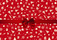 Vector - Red Bow Over Red Christmas Wrapping Paper. Christmas Card. Happy New Year Card.