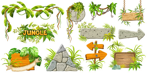 Set cartoon game wooden and stone panels in jungle style with space for text. Isolated gui elements with tropical lianas, rocks and boards. Vector illustration on white background.