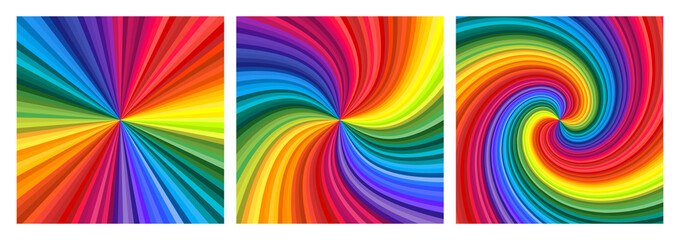 Wall Mural - Backgrounds set of vivid rainbow colored swirl twisting towards center. Vector illustration