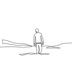 Wall Mural - Continuous line drawing of lonely man on valley minimalism design on white background. Concept of alone person in outdoor vector illustration minimal single hand drawn