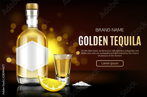 Download Tequila Bottle Shot Glass Salt And Lemon Slice Mock Up Banner Glass Flask With Golden Liquid And Blank Label Mockup Mexican Strong Alcohol Drink Advertising Design Realistic 3d Vector Illustration Stock Vector
