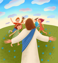 Jesus Waits For Children With Open Arms, Children Run To Him With Joy And Happiness.
