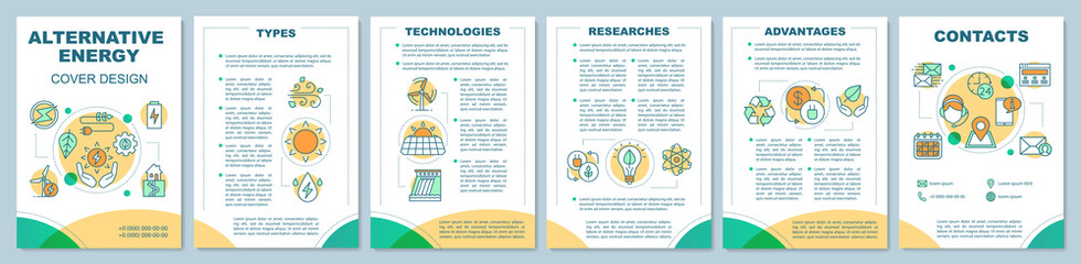 Alternative energy cover design brochure template layout. Eco energy, green technology. Flyer, booklet, leaflet print design with linear illustrations. Vector page layouts for annual reports, posters