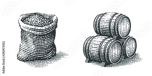Fotomural Malt in burlap bag and wood barrels