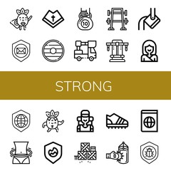 Canvas Print - Set of strong icons such as Superhero, Shield, Mantle, Kettlebell, Lifter, Bench press, Heavy, Karate, Hula hoop, Strong, Climber, Defense, Trainers, Punching bag, Atlas , strong