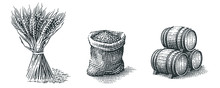 Malt In Burlap Bag, Sheaf Of Wheat And Wood Barrels. Hand Drawn Engraving Style 