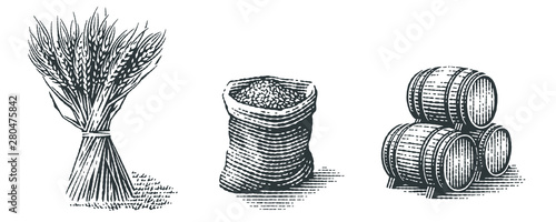 Cuadros en Lienzo Malt in burlap bag, sheaf of wheat and wood barrels