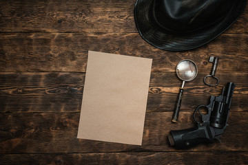 Wall Mural - top secret document paper page template on a wooden table of secret service agent flat lay backgroun