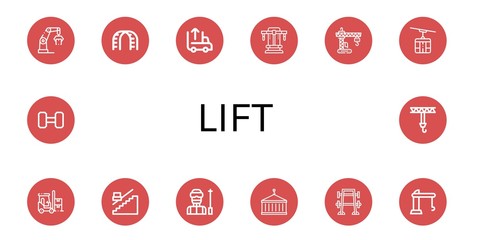 Canvas Print - Set of lift icons such as Crane, Stairs, Unloading, Bench press, Cable car, Forklift, Stair, Ski, Weightlifting , lift