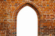 Portal door arch way window frame filled with white in the center of ancient red orange brick wall with as surface texture background.