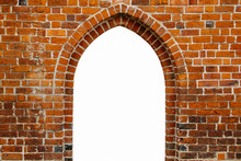 Portal Door Arch Way Window Frame Filled With White In The Center Of Ancient Red Orange Brick Wall With As Surface Texture Background.