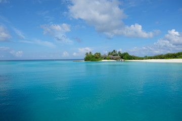 Wall Mural - small peninsula island with green forest and houses above wide blue ocean in Maldives island resort.  sunny cloudy blue sky