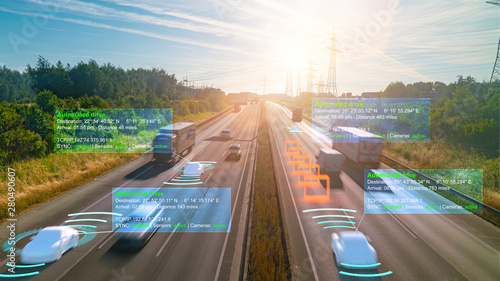 Fotomural Smart car (HUD) , Autonomous self-driving mode vehicle on highway road iot conce