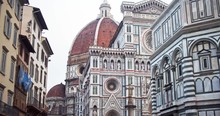 Travel To Italy. Glorious Santa Maria Del Fiore Cathedral On Sunny Day. Piazza Del Duomo. Walking Around Florence On Sightseeing Tour.