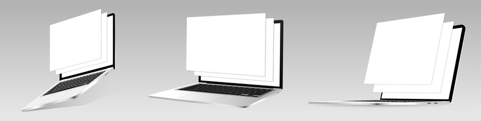 Responsive laptop screen mockup. Set 3D realistic notebooks with blank framework web pages. Isometric view and perspective. Vector Laptops for responsive web-design or showing screenshots. Vector set