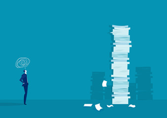 Wall Mural - businessman think and solution with very tall paper stack vs man on blue background