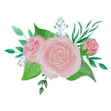 Fototapeta Kwiaty - Watercolor floral bouquet with pastel pink roses and leaves isolated on white background. Botanic composition for wedding invitation or greeting card