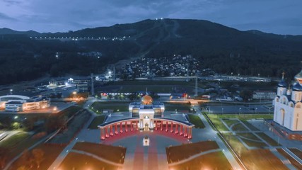 Wall Mural - night hyperlapse cathedral temple in victory square, yuzhno- sakhalinsk russia