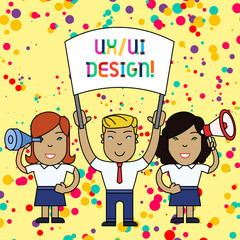 Text sign showing Ux Or Ui Design. Business photo showcasing two different elements of a single consumer experience People with Blank Banner, Megaphone and Spy Glass Peaceful Demonstration