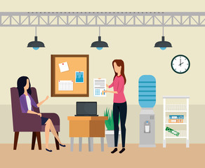 Wall Mural - businesswomen with laptop technology and noteboard with clock