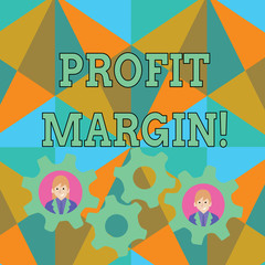 Text sign showing Profit Margin. Business photo text amount by which revenue from sales exceeds costs in a business Two Business People Each Inside Colorful Cog Wheel Gears for Teamwork Event