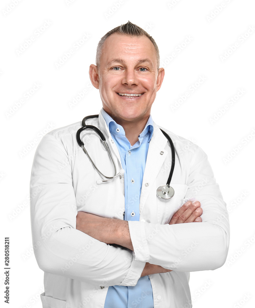 Handsome middle-aged doctor on white background