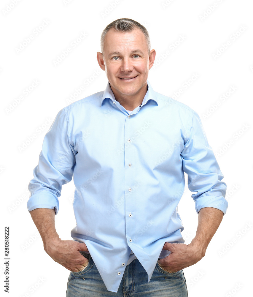 Portrait of handsome middle-aged man on white background
