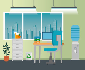 Wall Mural - office with computer technology and books in the file cabinet