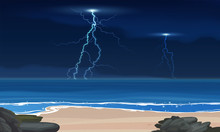 Lightning And Thunderstorm. Tropical Calm Sea And A Sand Beach Before The Storm, Vector Background. 