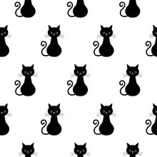 Cute Cats Vector Seamless Pattern. Kawaii Cat Endless Background For Trendy Fabric Textile Design Or Web Wallpaper