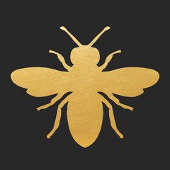 Sticker - Golden Honey Bee Shape On Black Background. Vector Silhouette.