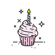 Pink birthday celebration cupcake line icon with candle symbol. Vector illustration.