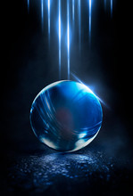 Glass Ball On The Dark Night Scene With Reflection. Abstract Dark Background, Magic Ball. Night View.