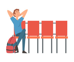 Sticker - Young Man with Backpack Waiting at Airport Terminal for Flight Vector Illustration