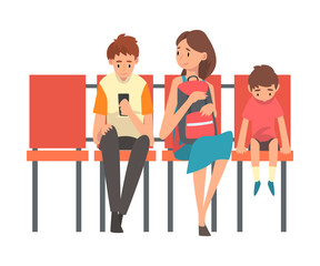 Sticker - Family Waiting at Airport Terminal for Flight, Mother with Two Sons Sitting on Chairs at Waiting Room Vector Illustration