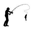Fisherman with a fishing rod and fish. On white background fisherman. Isolated silhouette of a fisherman.